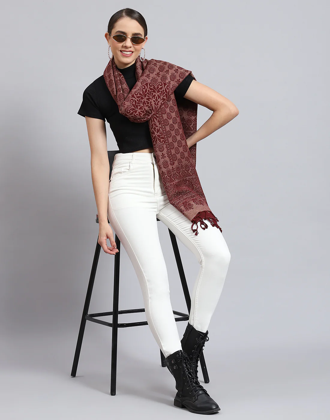 Women Red Self Design Stole - Image 2
