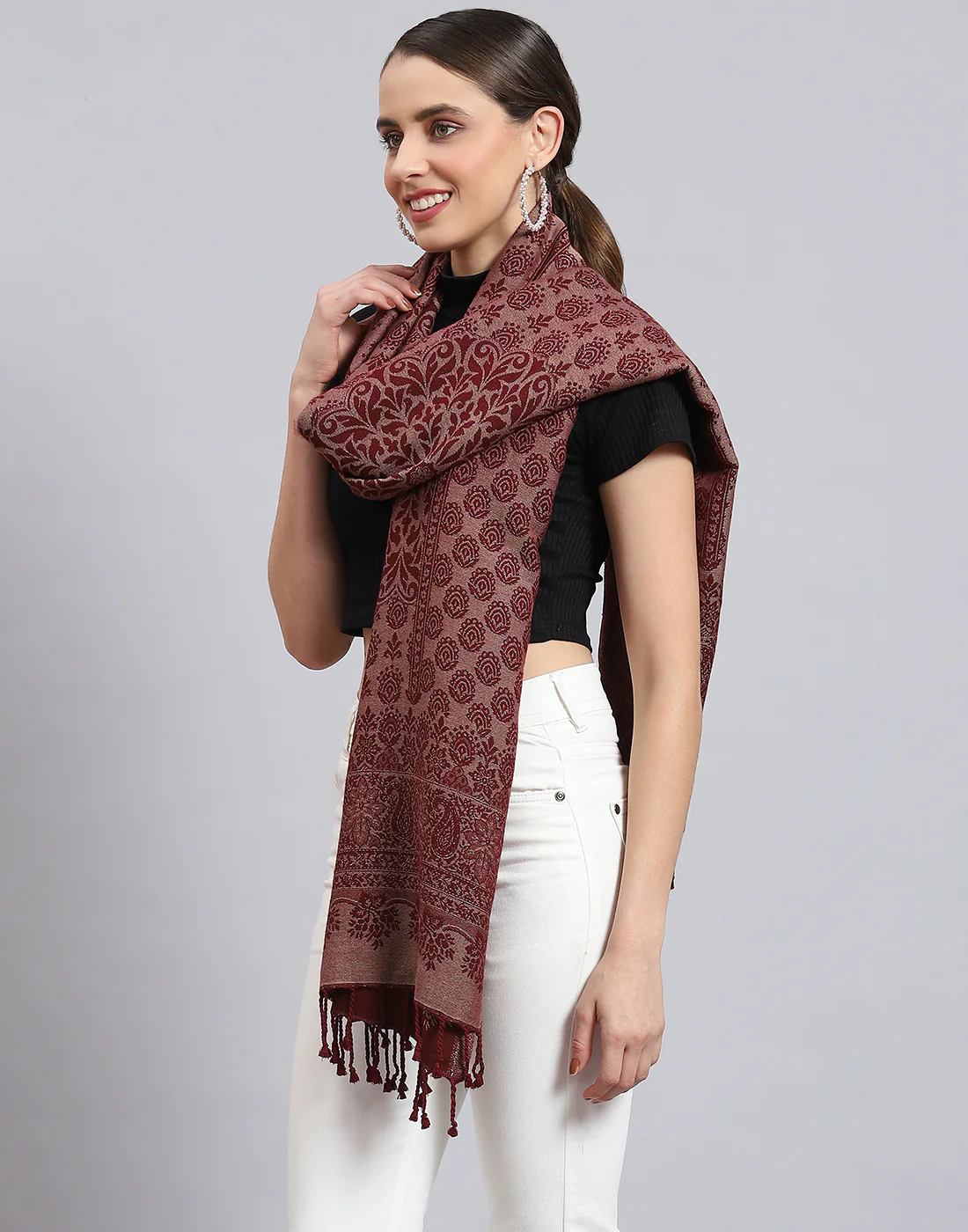 Women Red Self Design Stole - Image 4