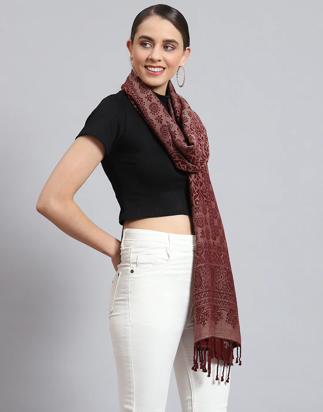 Women Red Self Design Stole - Image 5