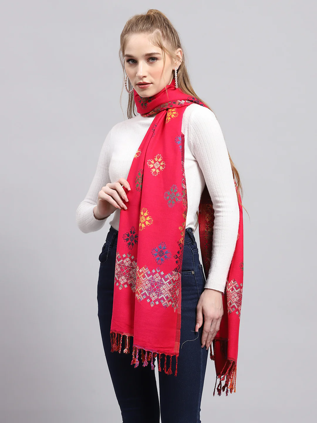 Women Red Self Design Stole - Image 4