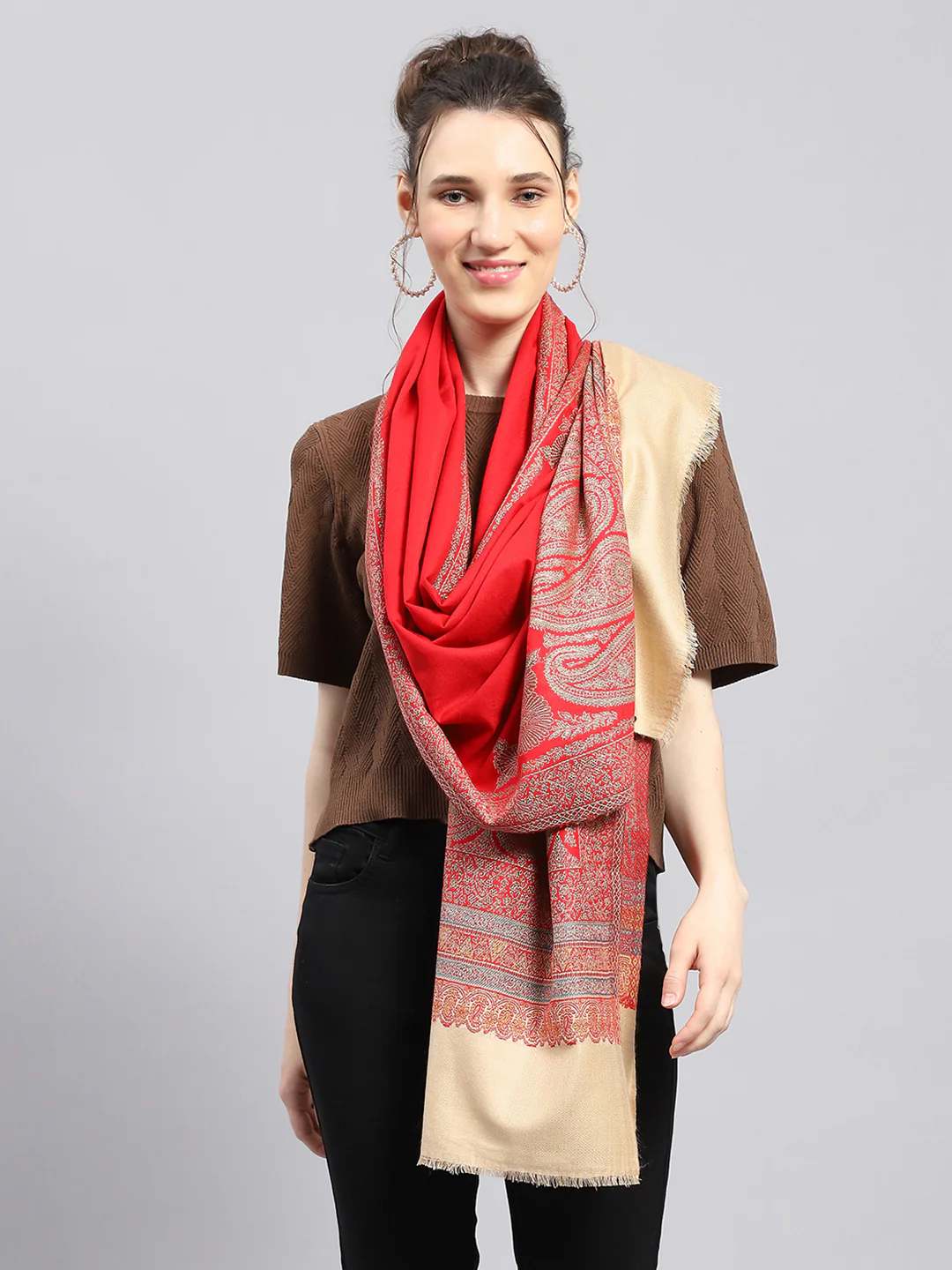 Women Red Self Design Stole - Image 3