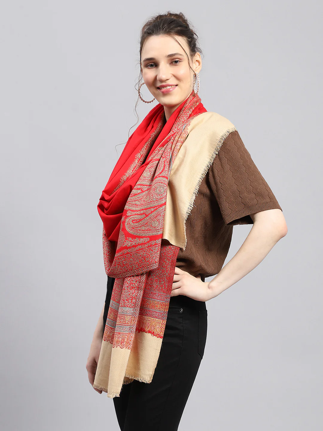 Women Red Self Design Stole - Image 4