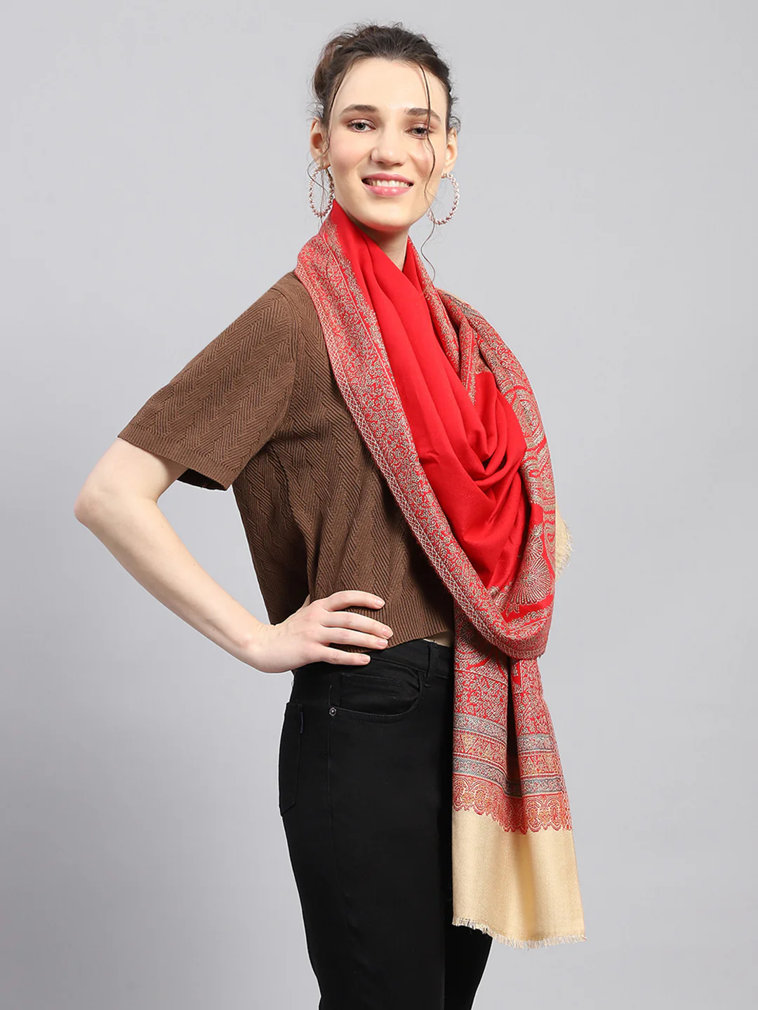 Women Red Self Design Stole - Image 5