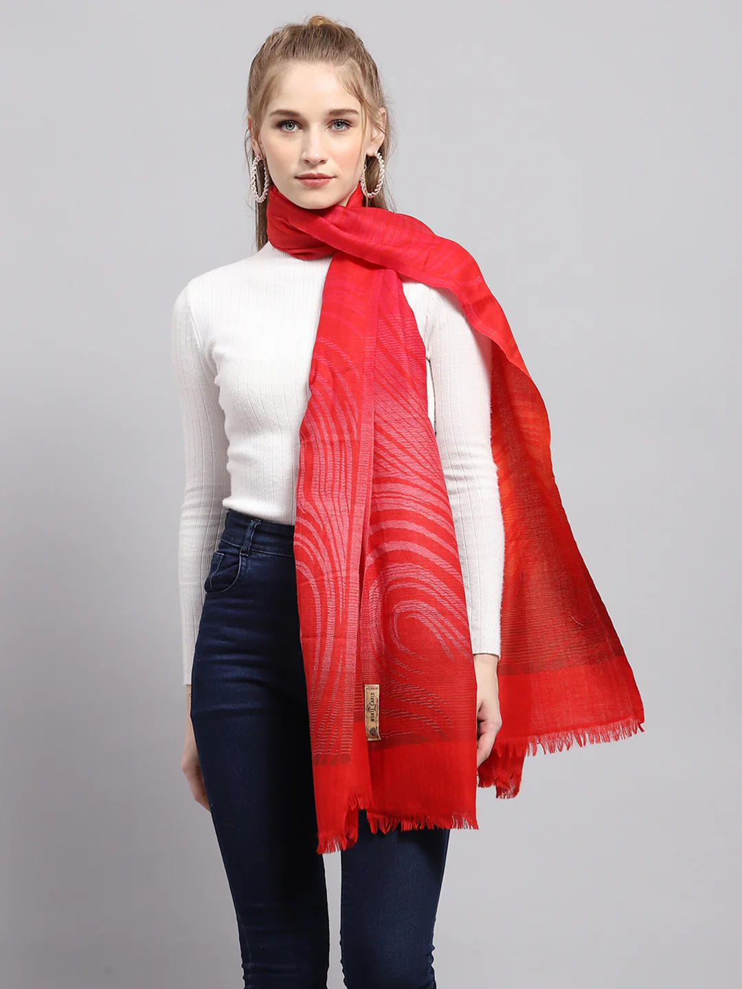 Women Red Self Design Stole - Image 3