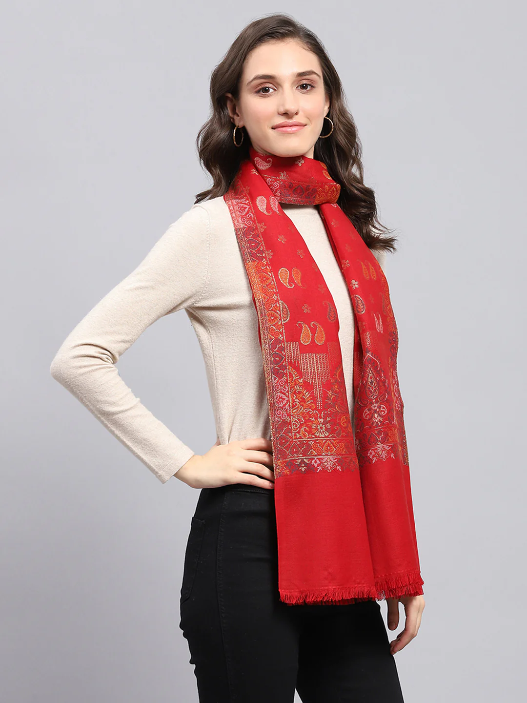 Women Red Self Design Stole - Image 5