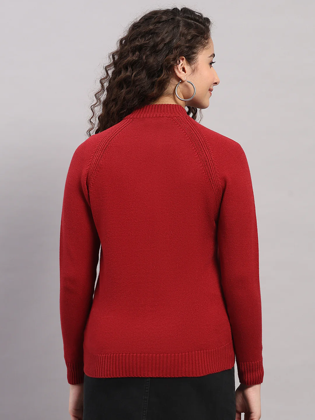 Women Red Self Design Turtle Neck Full Sleeve Cardigan - Image 5