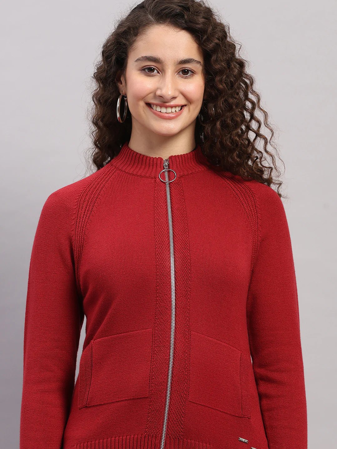 Women Red Self Design Turtle Neck Full Sleeve Cardigan - Image 6