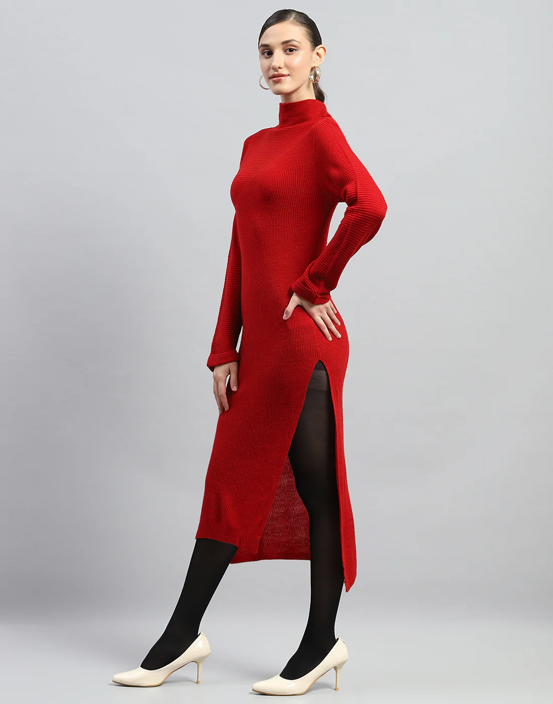 Women Red Self Design Turtle Neck Full Sleeve Dress - Image 3
