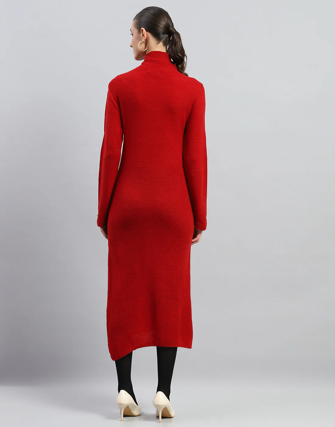 Women Red Self Design Turtle Neck Full Sleeve Dress - Image 5
