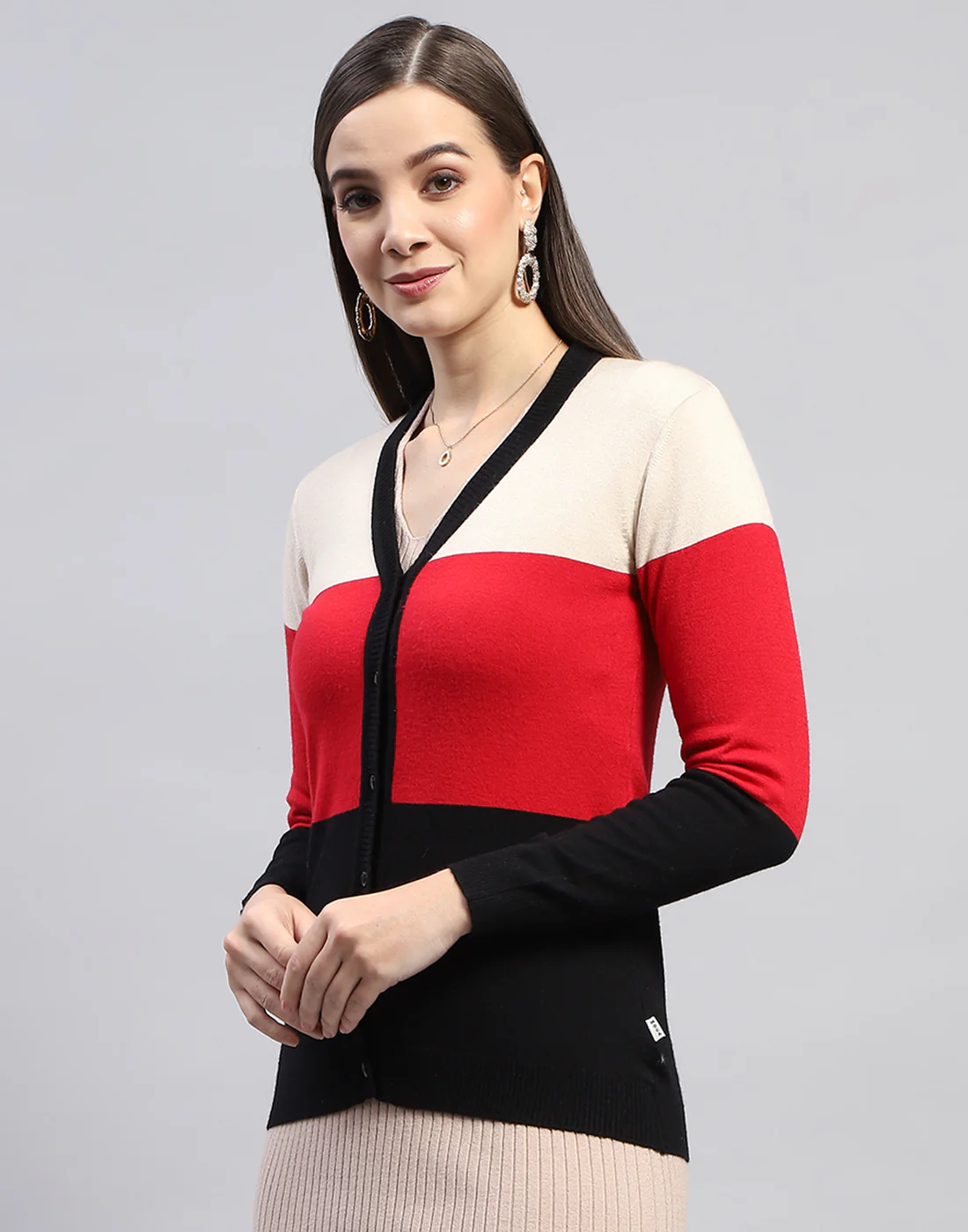 Women Red Self Design V Neck Full Sleeve Cardigan - Image 3