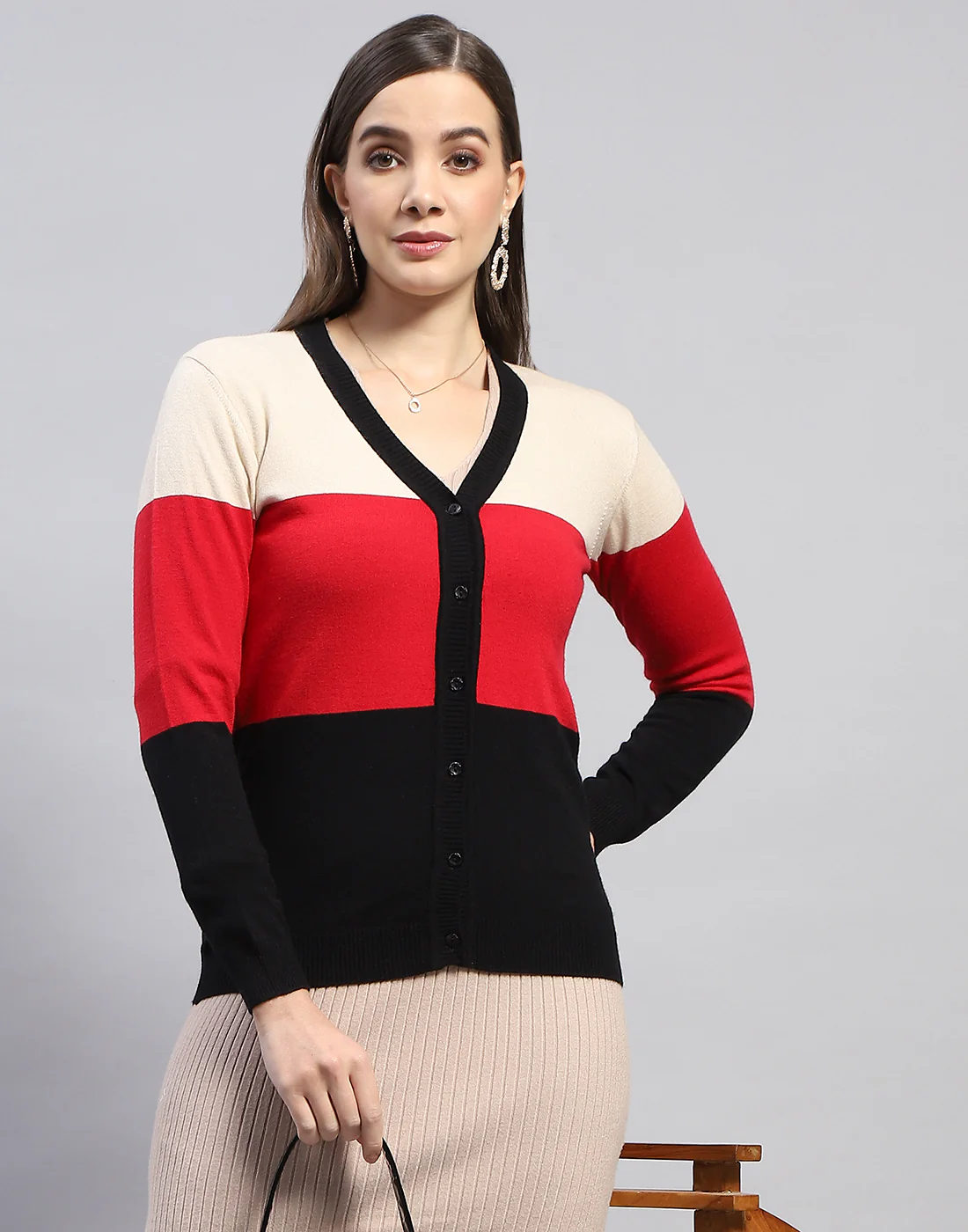 Women Red Self Design V Neck Full Sleeve Cardigan - Image 6