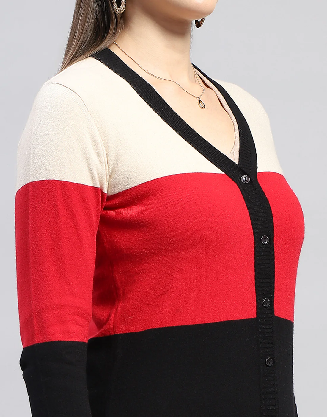 Women Red Self Design V Neck Full Sleeve Cardigan - Image 7