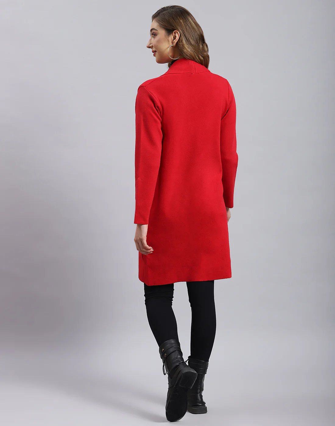 Women Red Self Design V Neck Full Sleeve Cardigan - Image 5