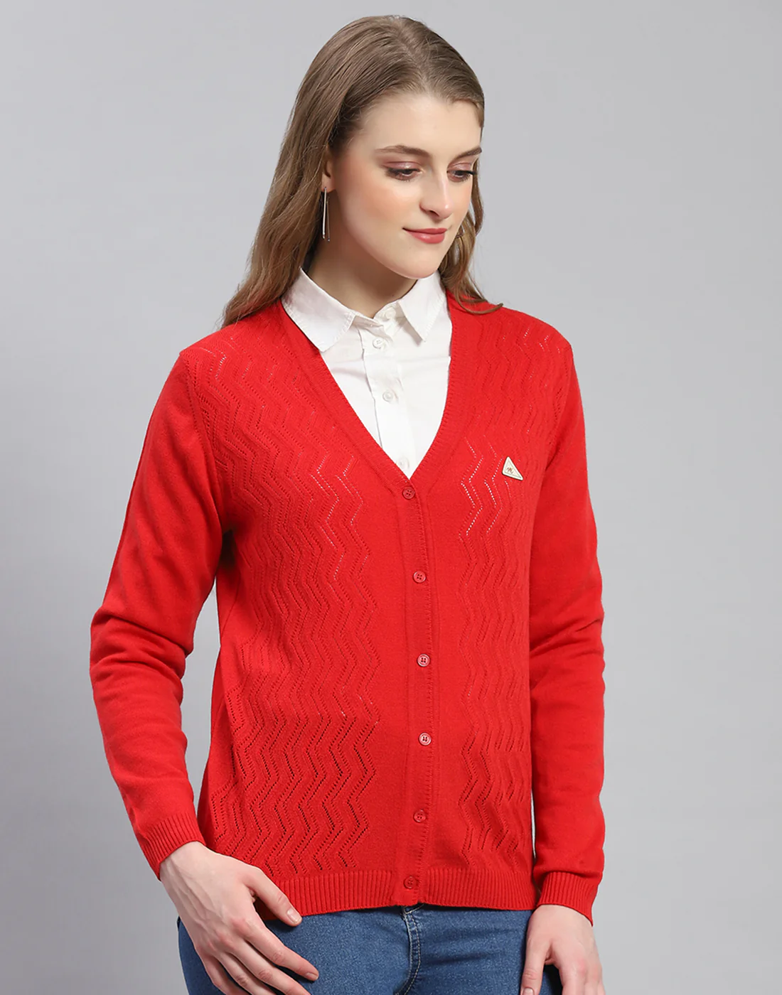 Women Red Self Design V Neck Full Sleeve Cardigan - Image 4