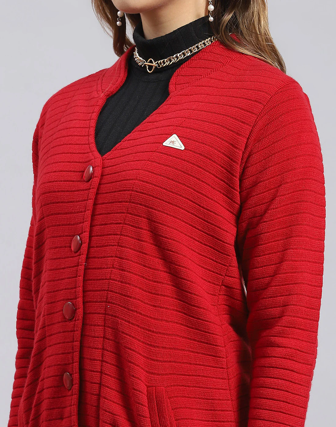 Women Red Self Design V Neck Full Sleeve Cardigan - Image 7