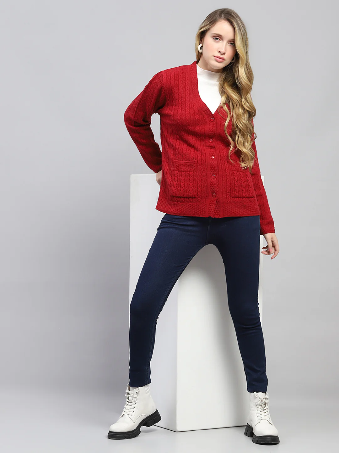 Women Red Self Design V Neck Full Sleeve Cardigan - Image 2