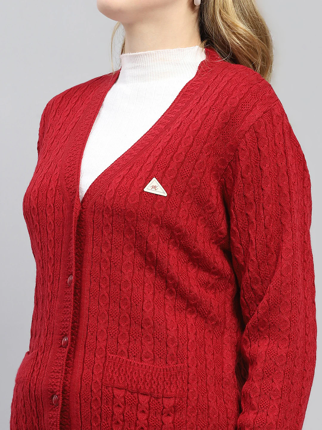 Women Red Self Design V Neck Full Sleeve Cardigan - Image 6