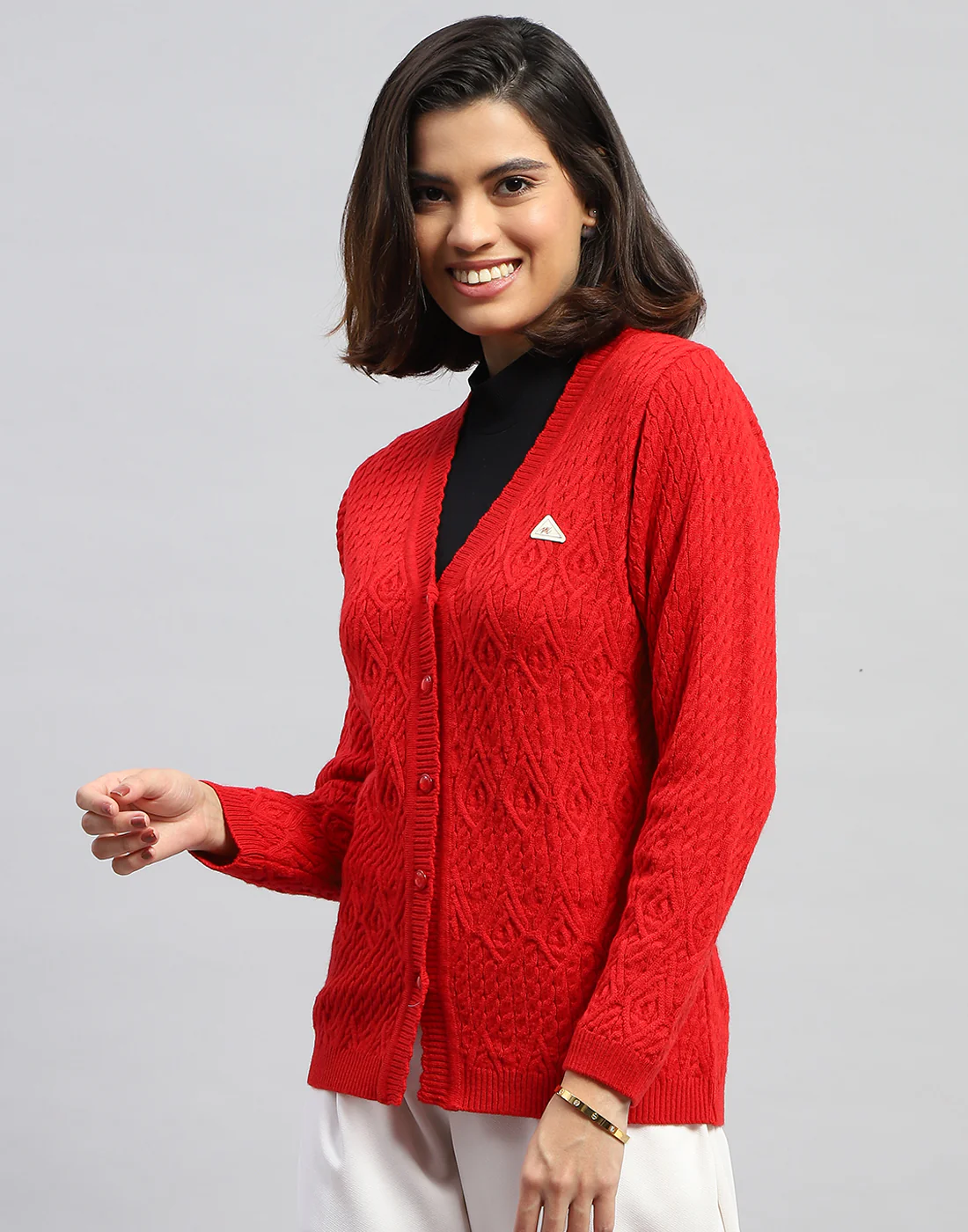 Women Red Self Design V Neck Full Sleeve Cardigan - Image 4