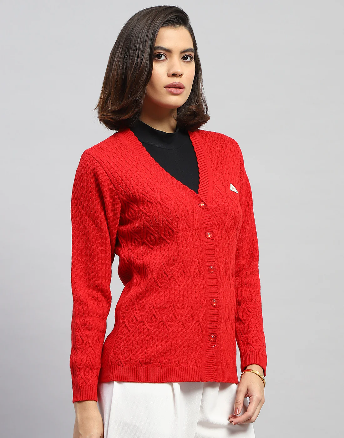 Women Red Self Design V Neck Full Sleeve Cardigan - Image 5