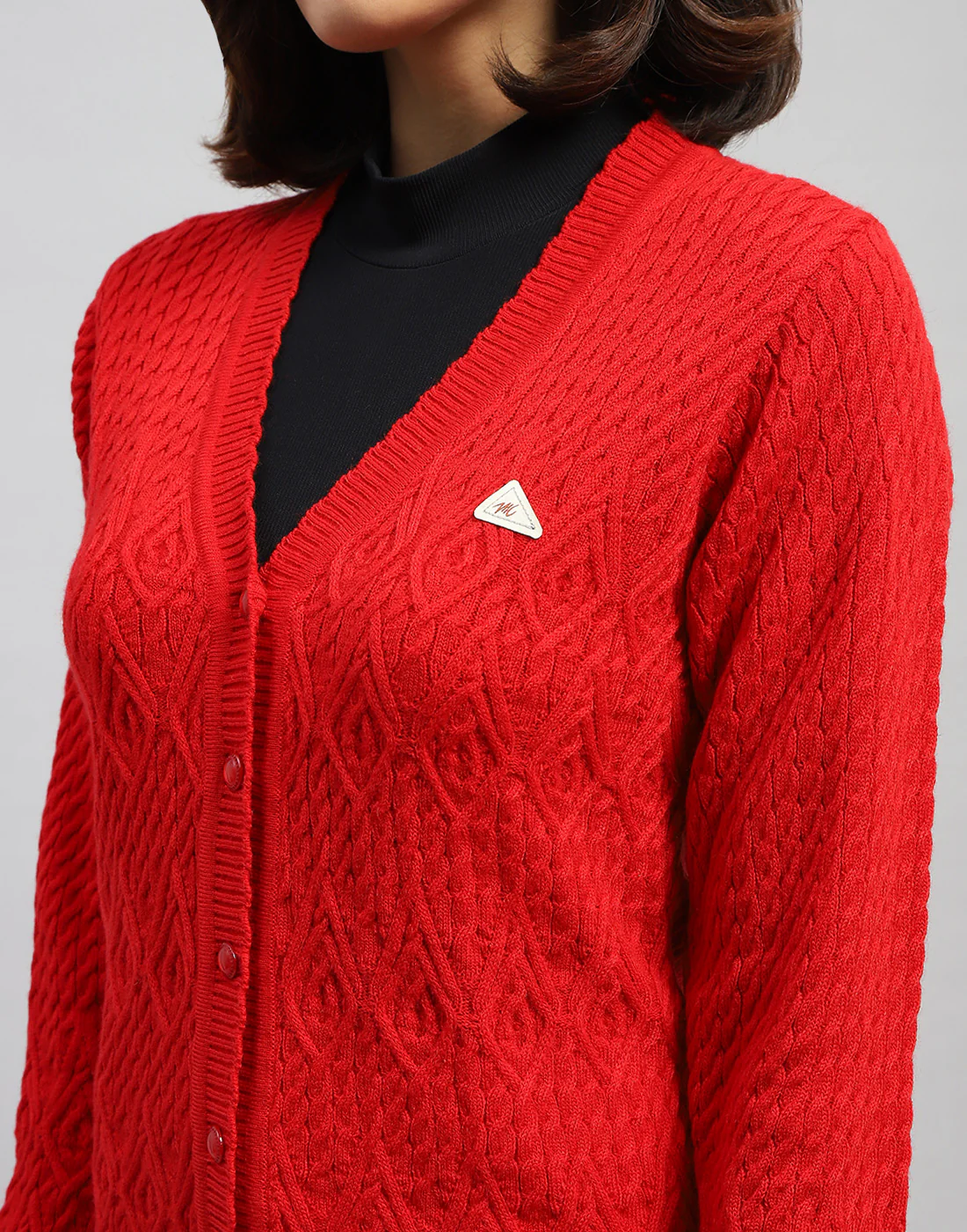 Women Red Self Design V Neck Full Sleeve Cardigan - Image 7