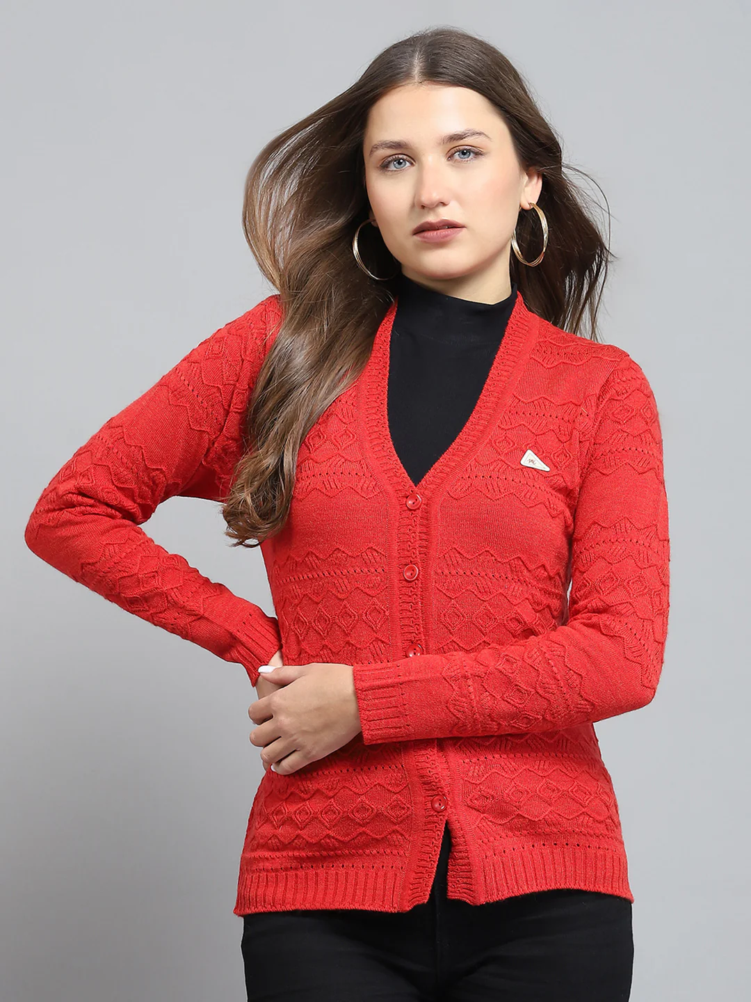 Women Red Self Design V Neck Full Sleeve Cardigan