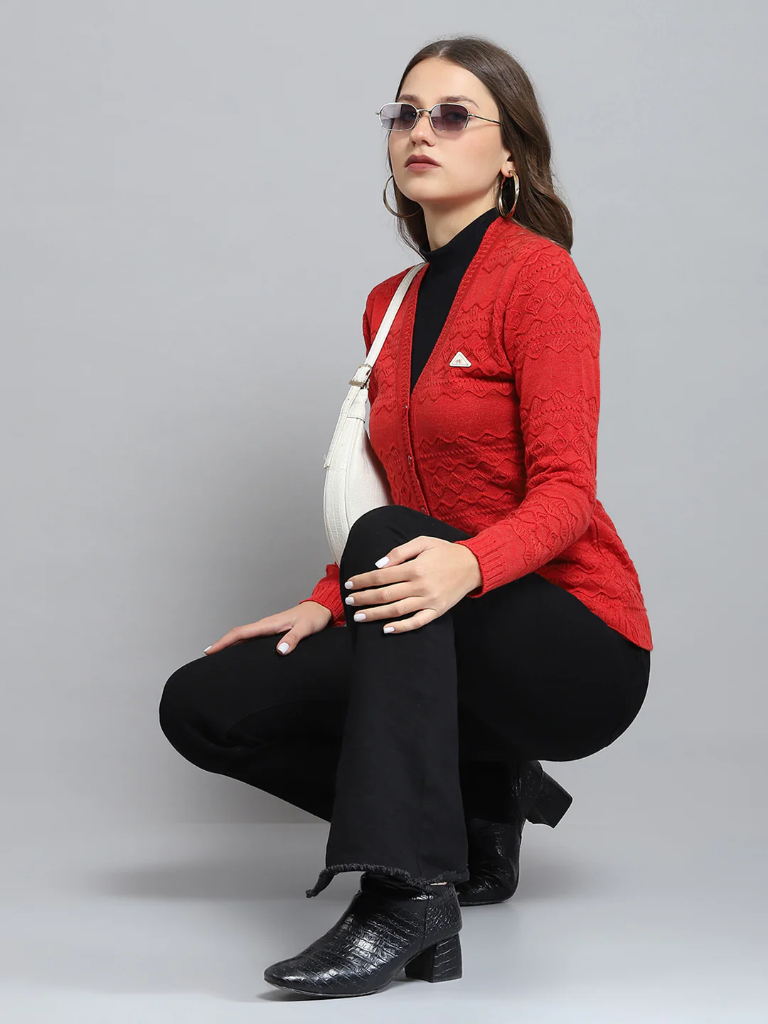 Women Red Self Design V Neck Full Sleeve Cardigan - Image 2
