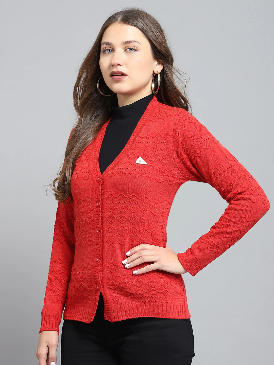 Women Red Self Design V Neck Full Sleeve Cardigan - Image 3