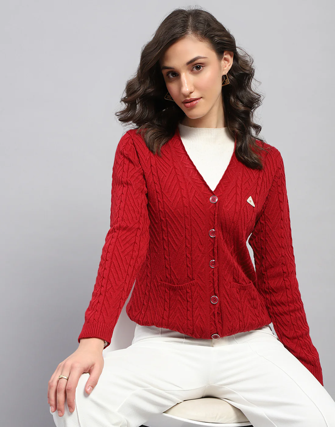 Women Red Self Design V Neck Full Sleeve Cardigan - Image 2