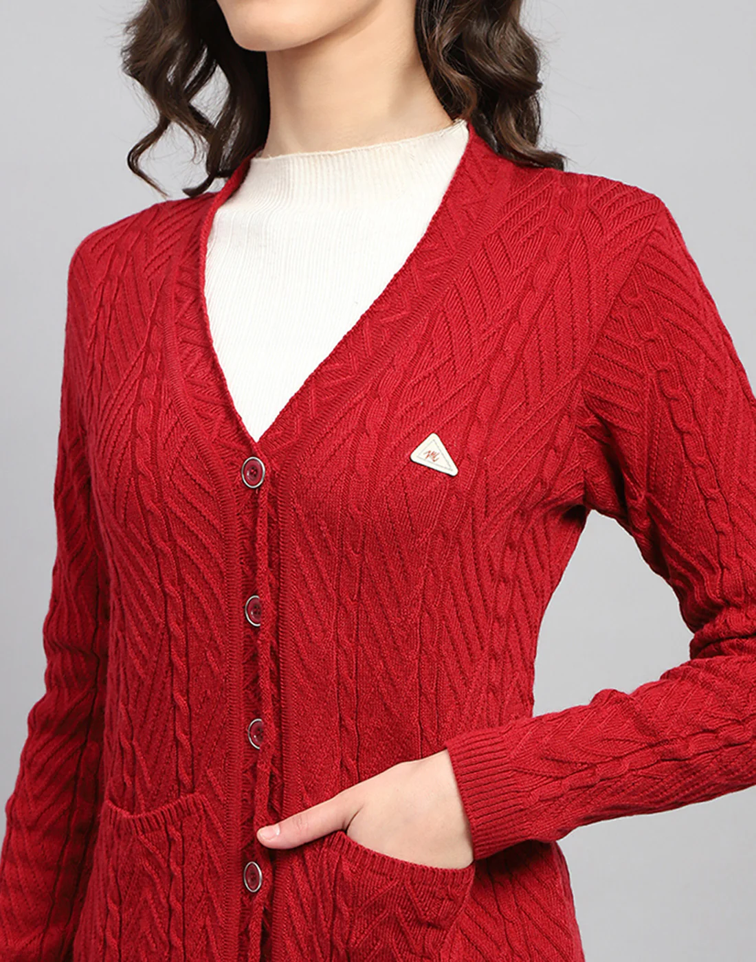 Women Red Self Design V Neck Full Sleeve Cardigan - Image 7