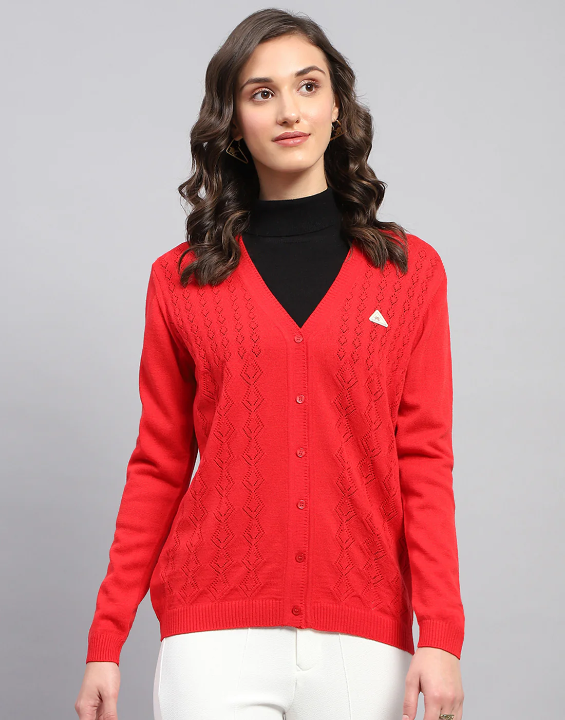 Women Red Self Design V Neck Full Sleeve Cardigan - Image 2
