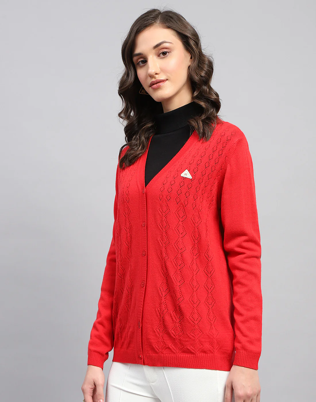 Women Red Self Design V Neck Full Sleeve Cardigan - Image 3