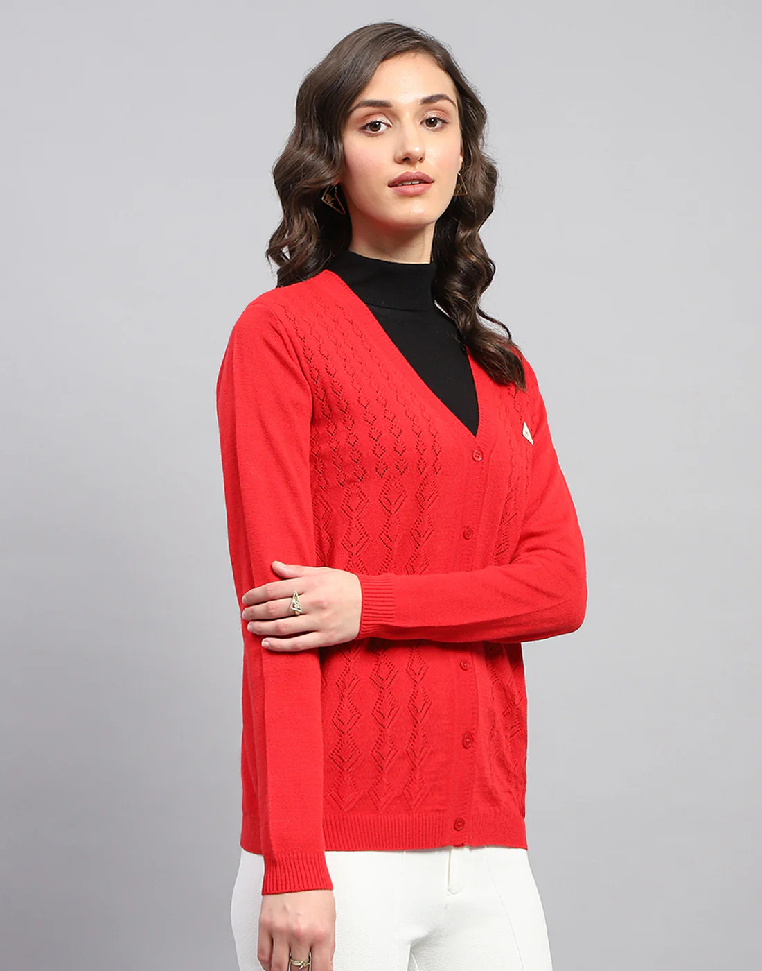 Women Red Self Design V Neck Full Sleeve Cardigan - Image 4
