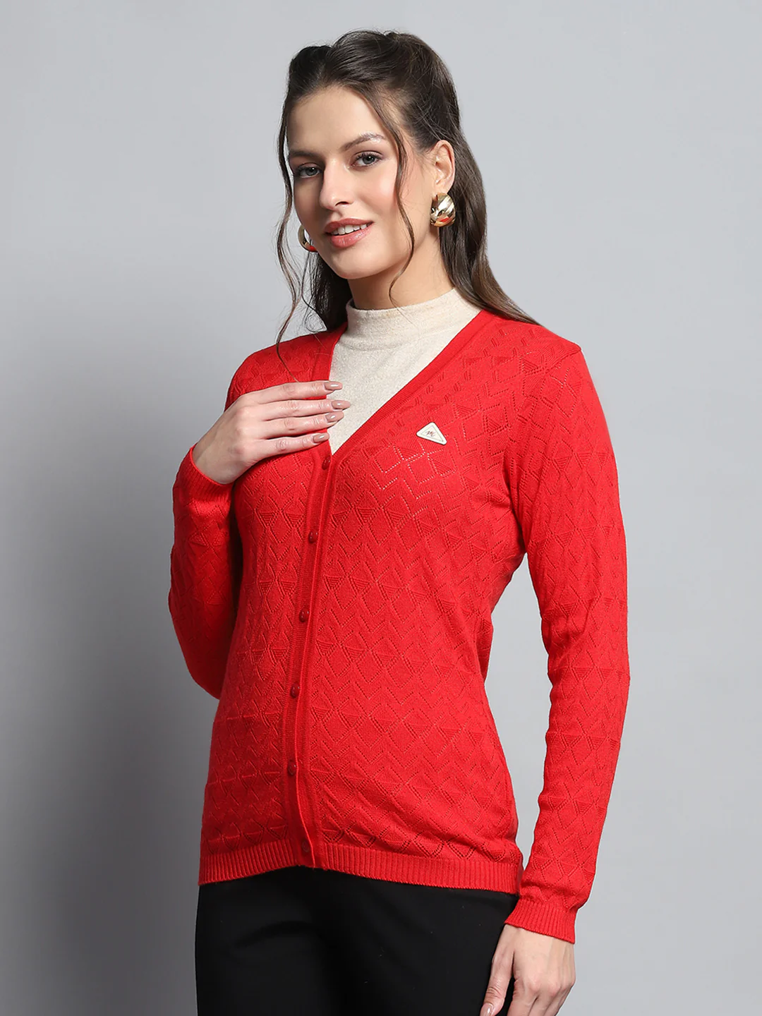 Women Red Self Design V Neck Full Sleeve Cardigan - Image 3