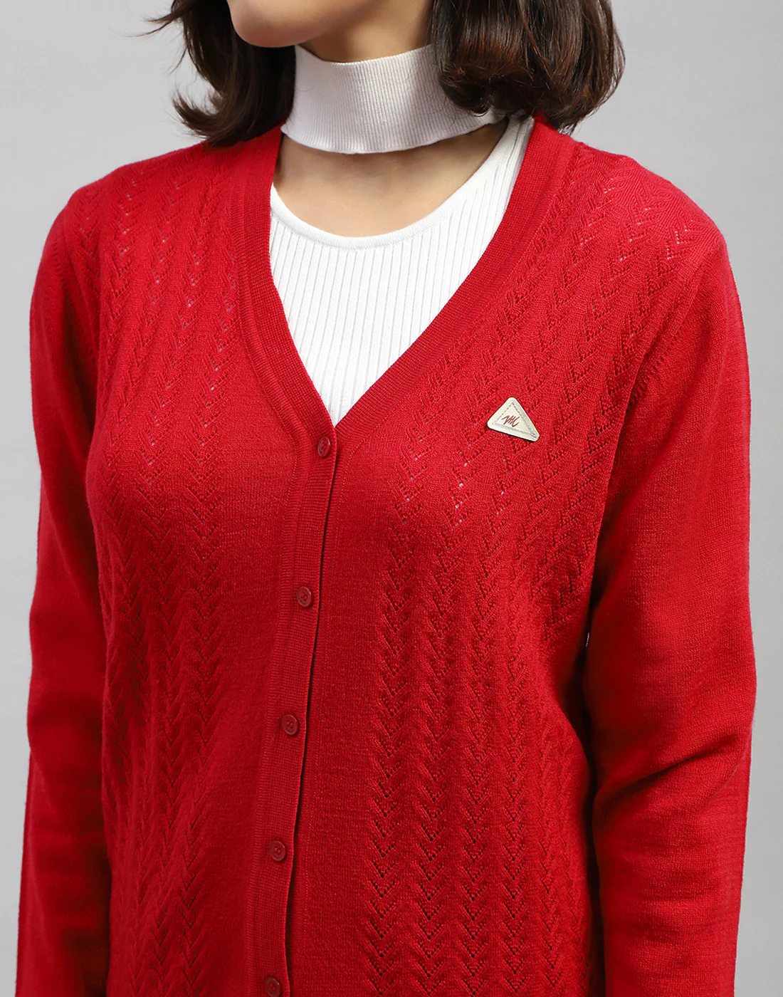 Women Red Self Design V Neck Full Sleeve Cardigan - Image 6