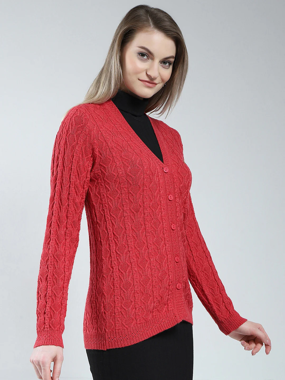 Women Red Self Design V Neck Full Sleeve Cardigan - Image 4