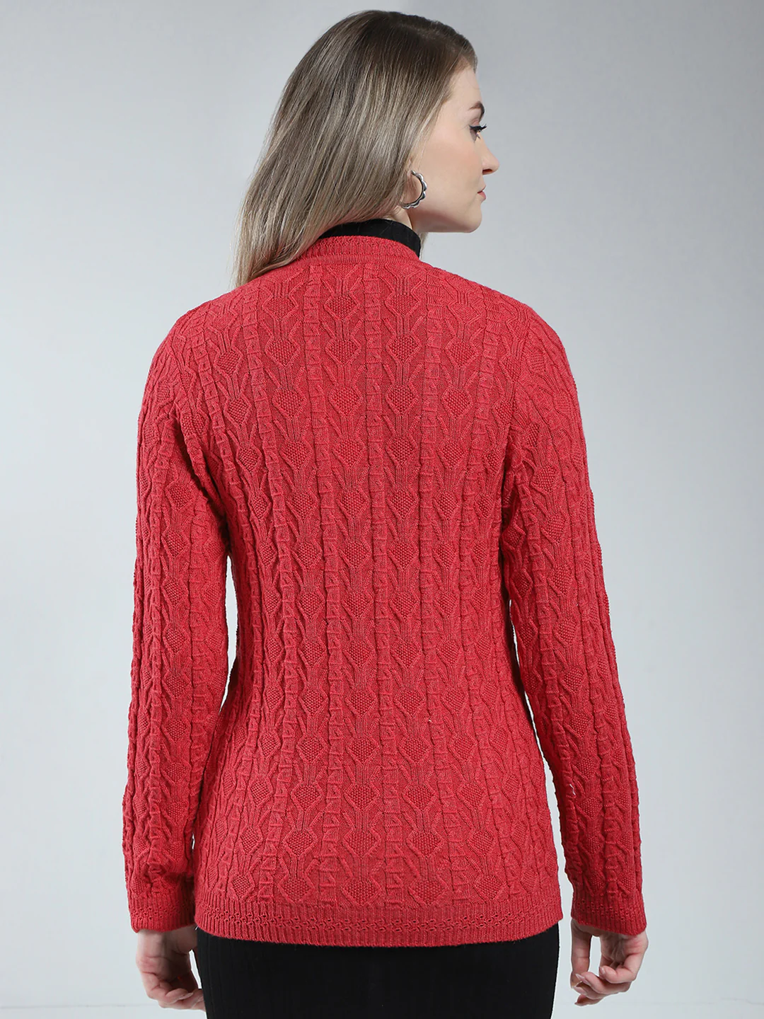 Women Red Self Design V Neck Full Sleeve Cardigan - Image 5