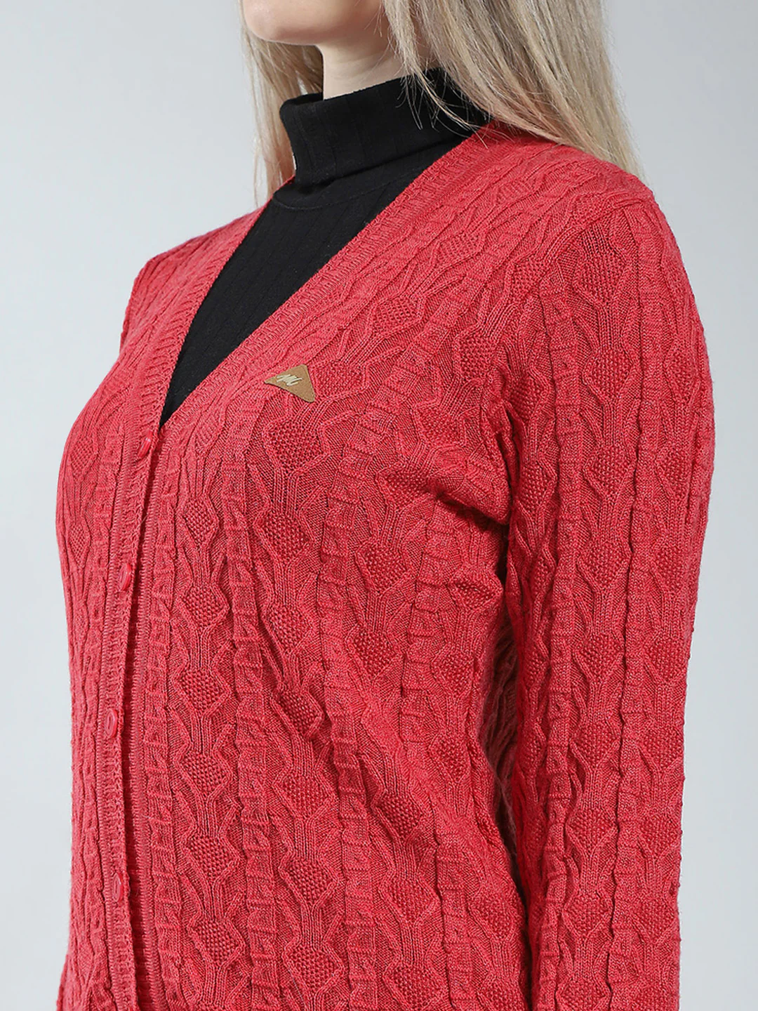 Women Red Self Design V Neck Full Sleeve Cardigan - Image 6