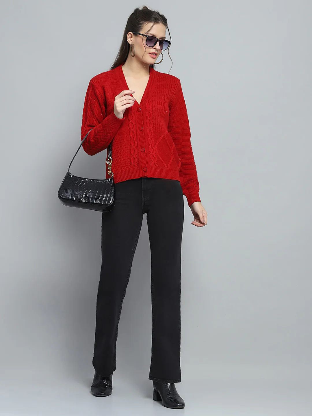 Women Red Self Design V Neck Full Sleeve Cardigan - Image 2