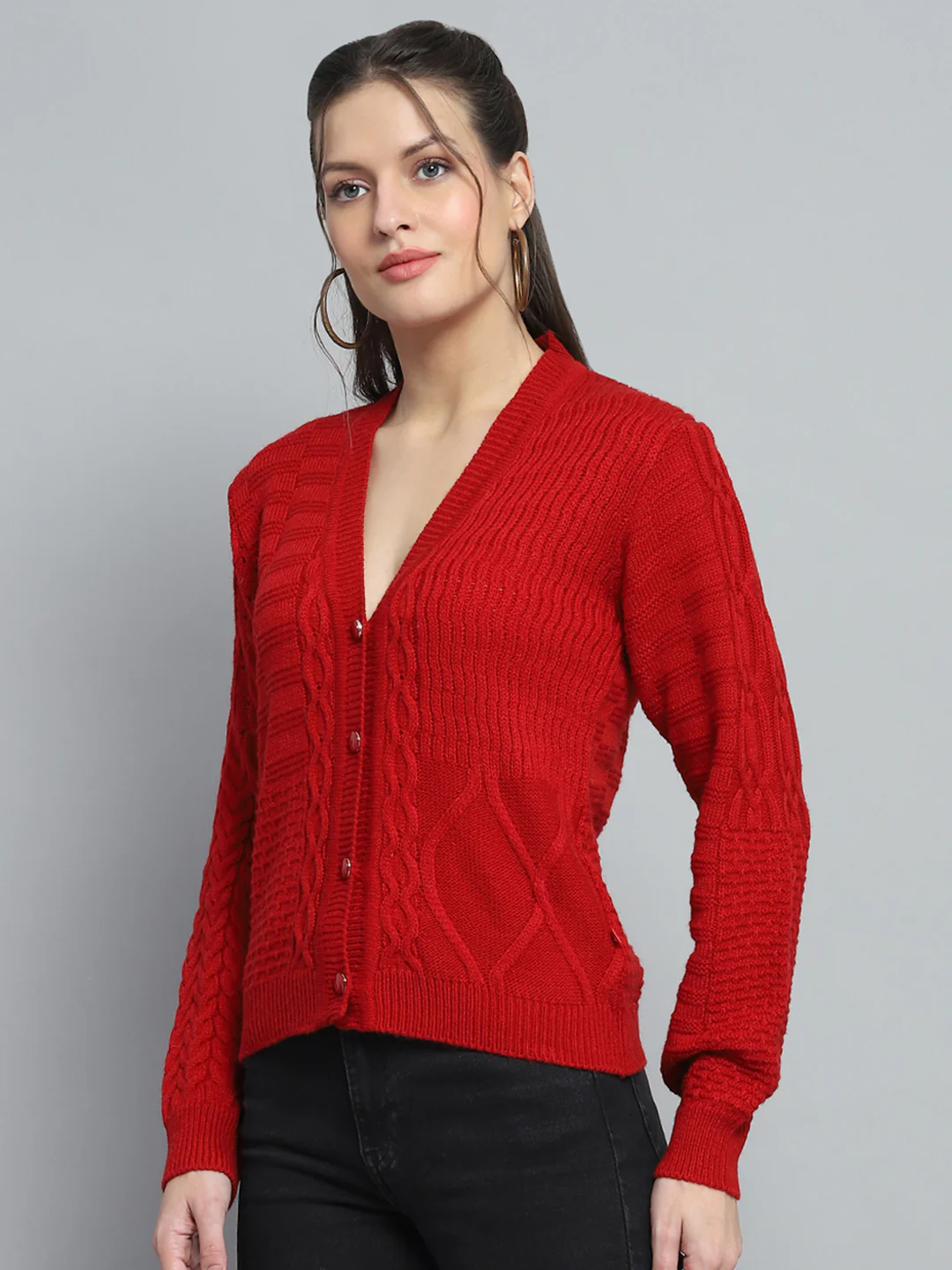 Women Red Self Design V Neck Full Sleeve Cardigan - Image 3