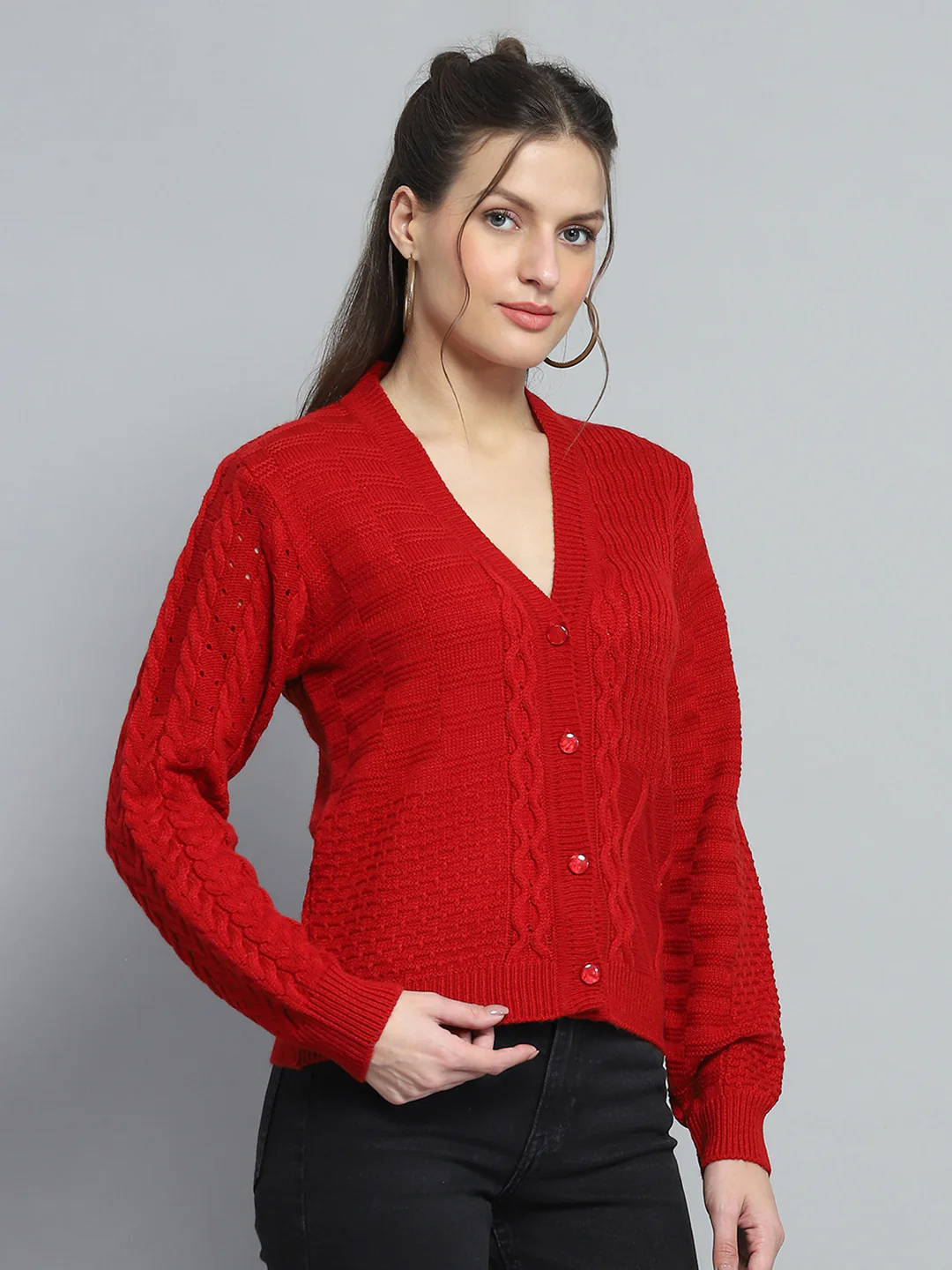 Women Red Self Design V Neck Full Sleeve Cardigan - Image 4