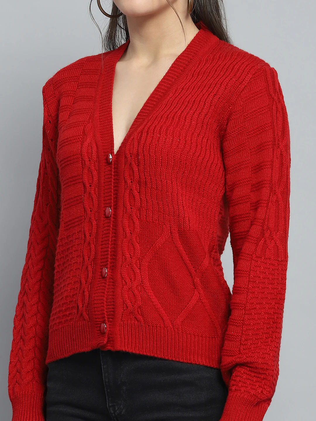 Women Red Self Design V Neck Full Sleeve Cardigan - Image 6