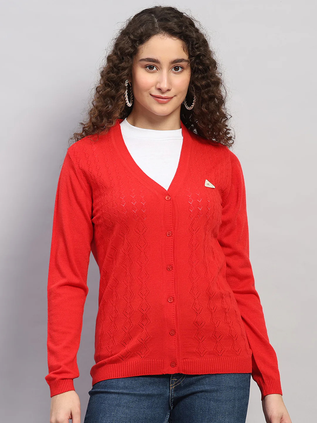 Women Red Self Design V Neck Full Sleeve Cardigan
