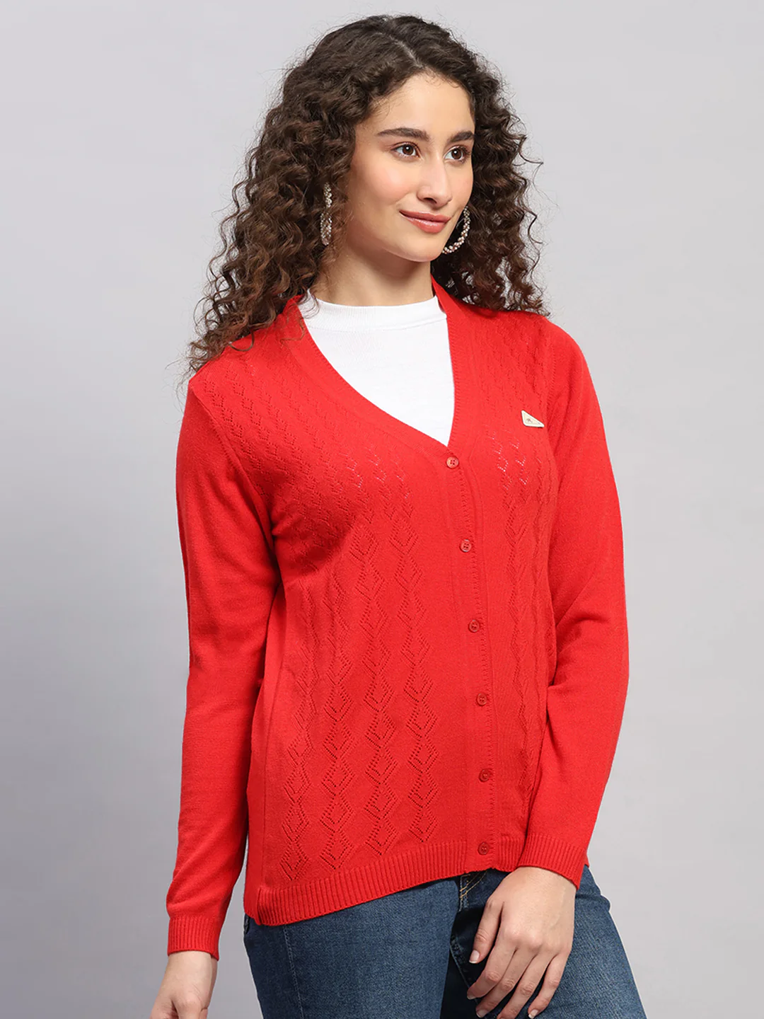 Women Red Self Design V Neck Full Sleeve Cardigan - Image 4