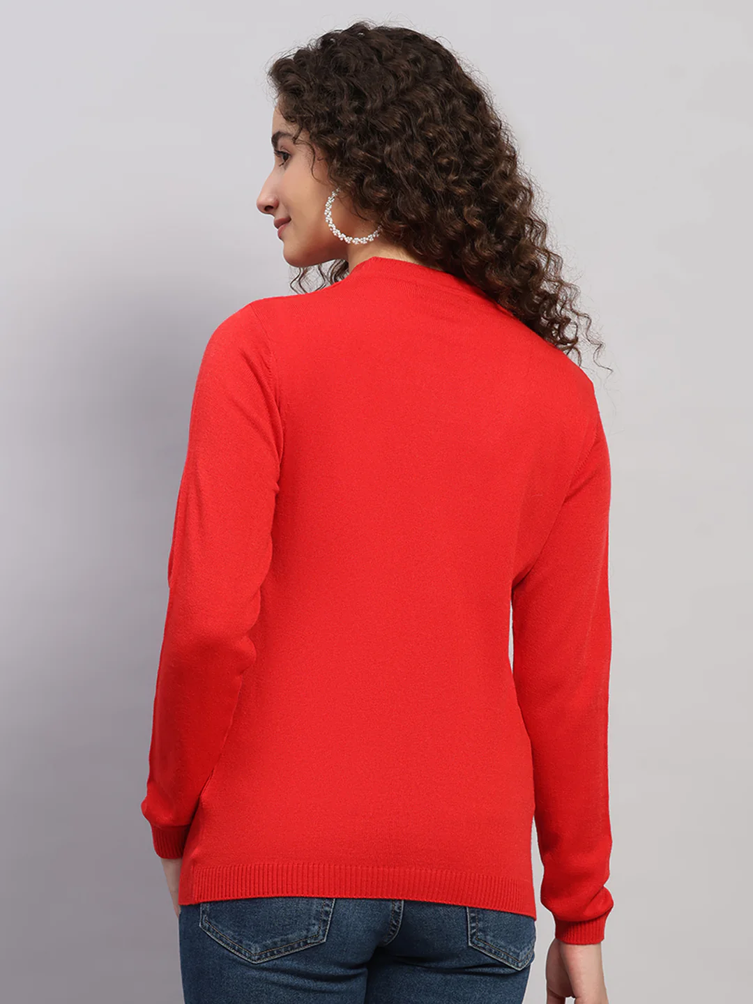 Women Red Self Design V Neck Full Sleeve Cardigan - Image 5