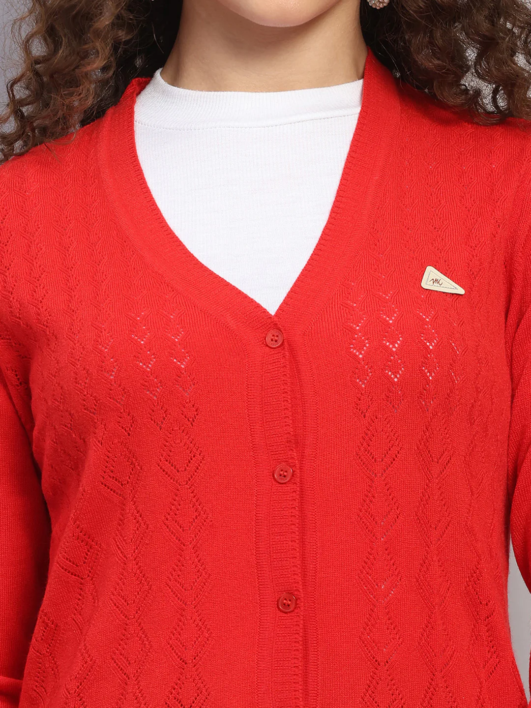 Women Red Self Design V Neck Full Sleeve Cardigan - Image 6