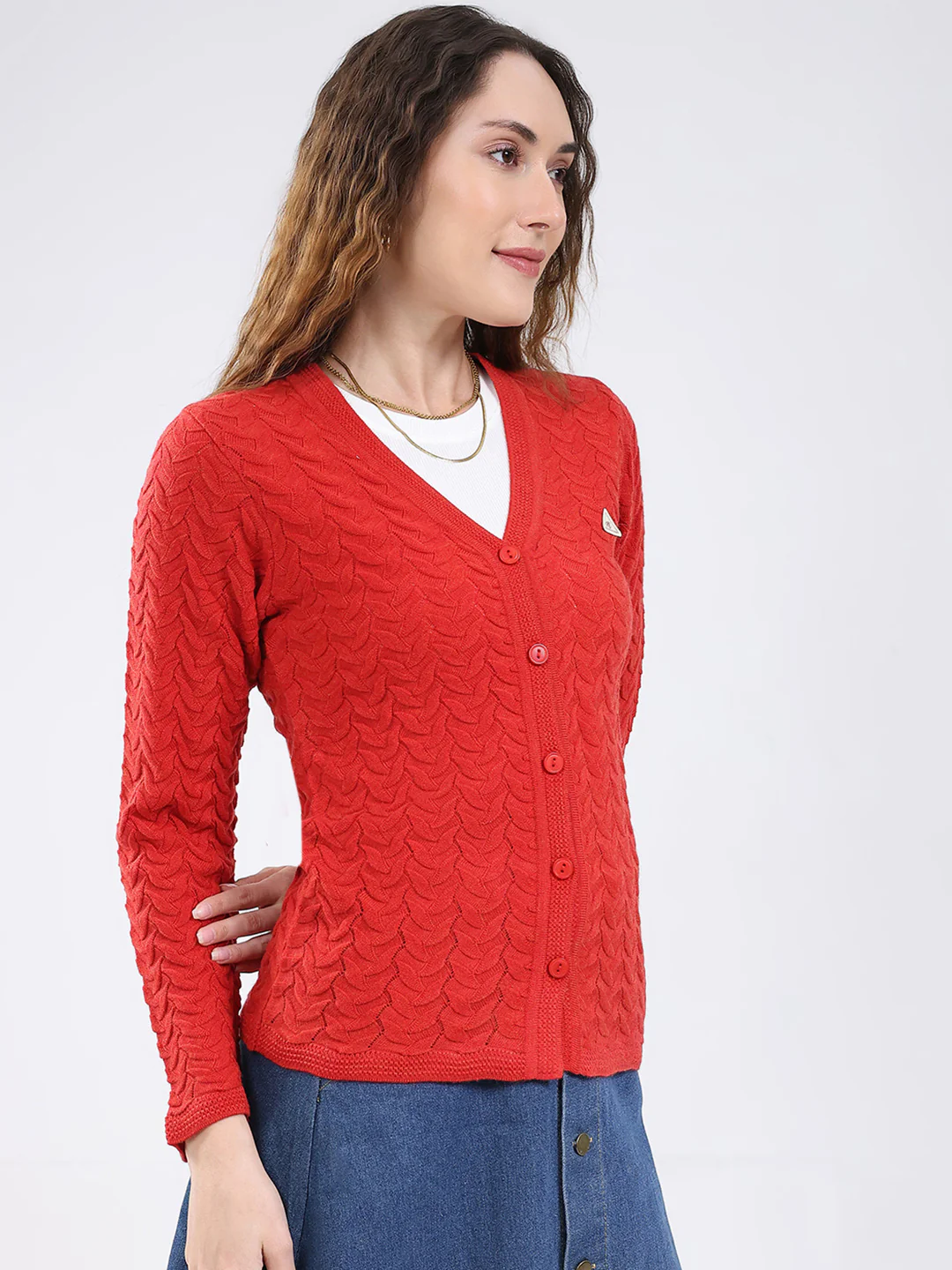 Women Red Self Design V Neck Full Sleeve Cardigan - Image 4