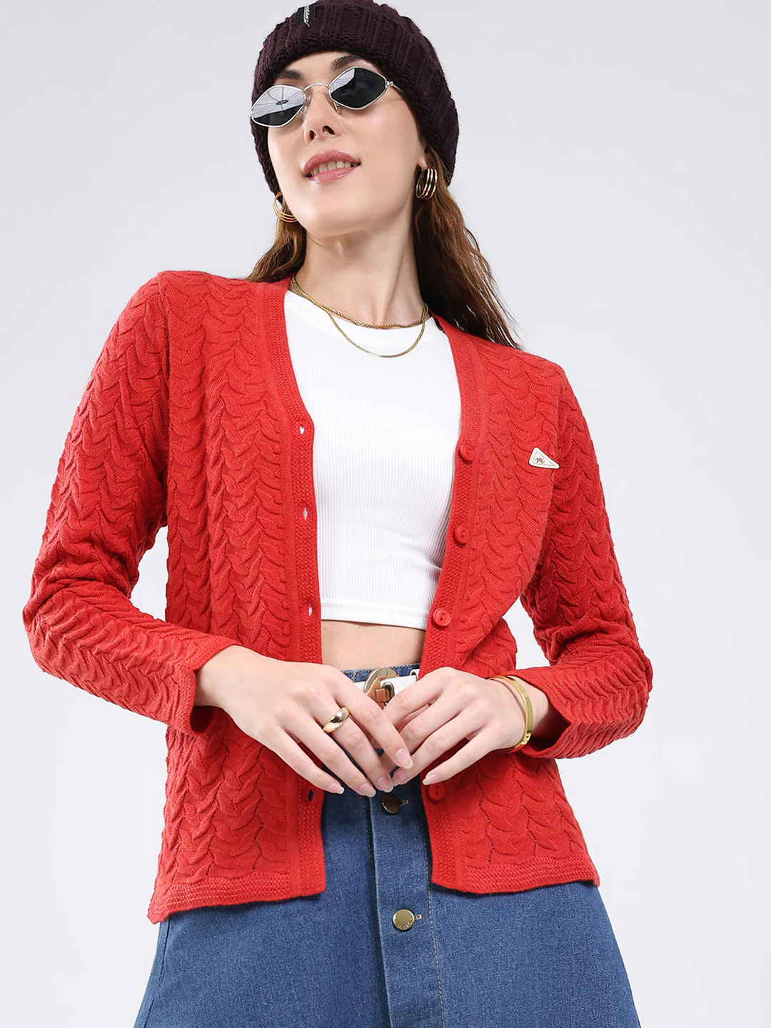 Women Red Self Design V Neck Full Sleeve Cardigan - Image 6