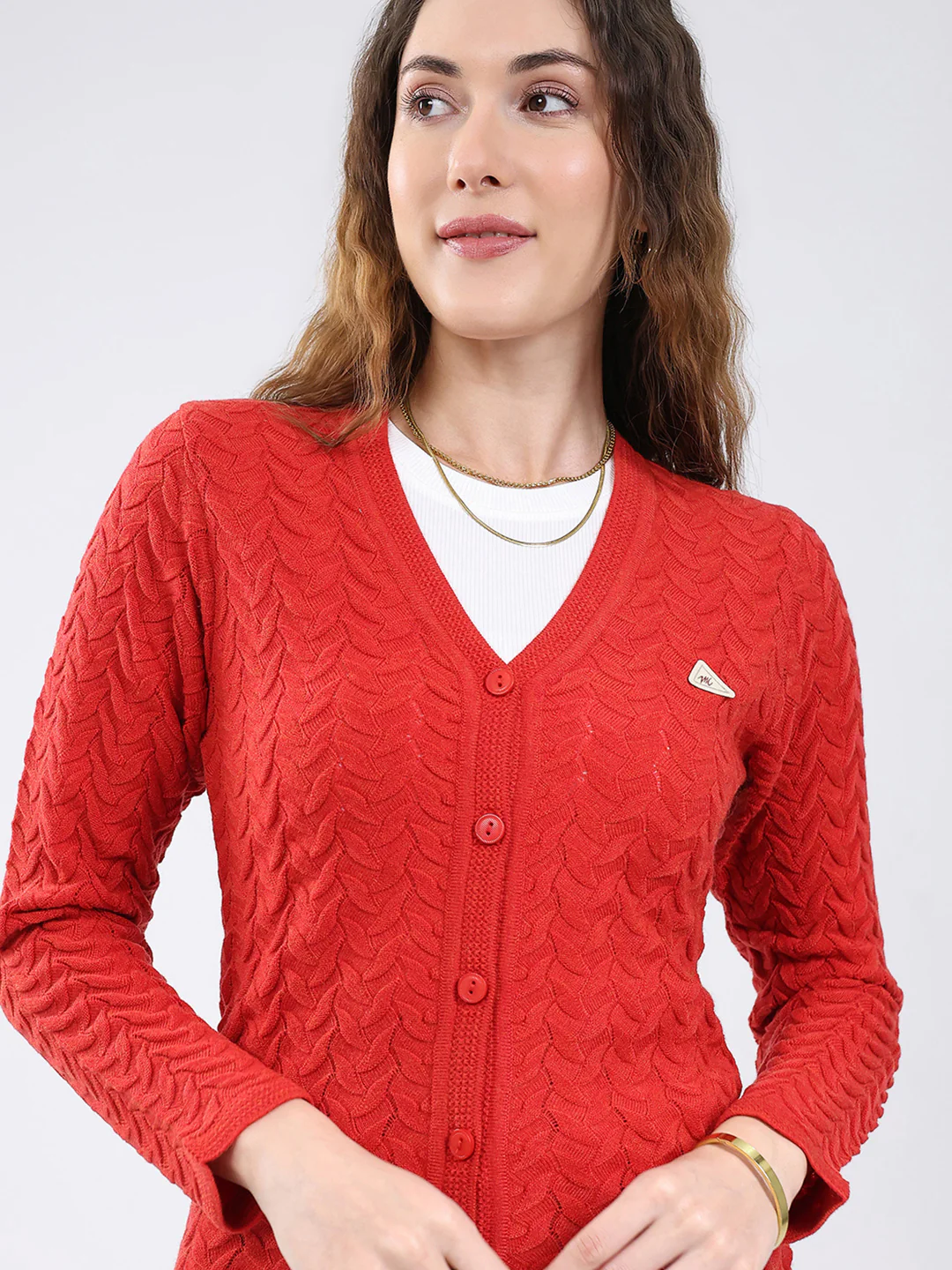 Women Red Self Design V Neck Full Sleeve Cardigan - Image 8