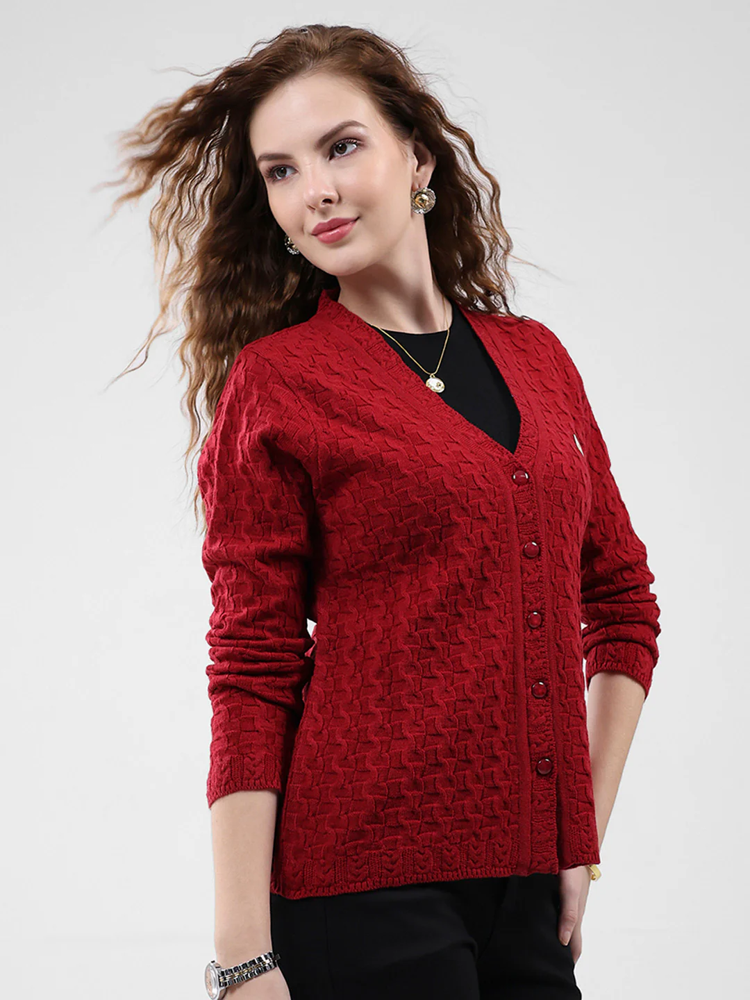 Women Red Self Design V Neck Full Sleeve Cardigan - Image 4