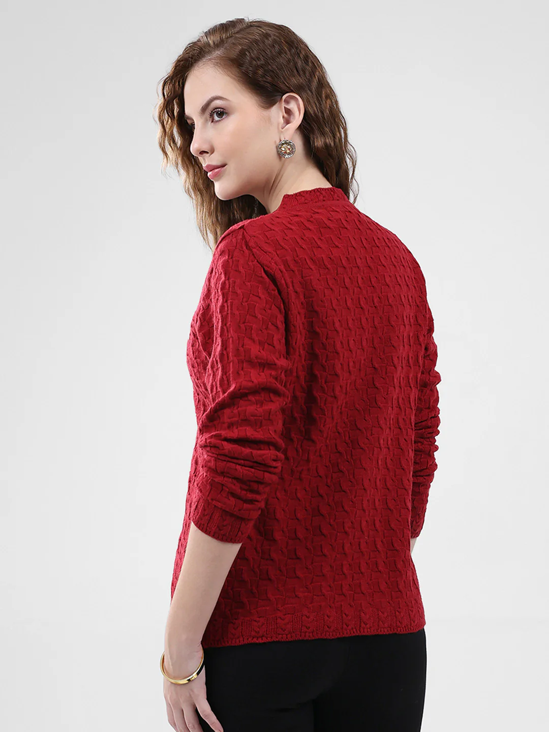 Women Red Self Design V Neck Full Sleeve Cardigan - Image 5